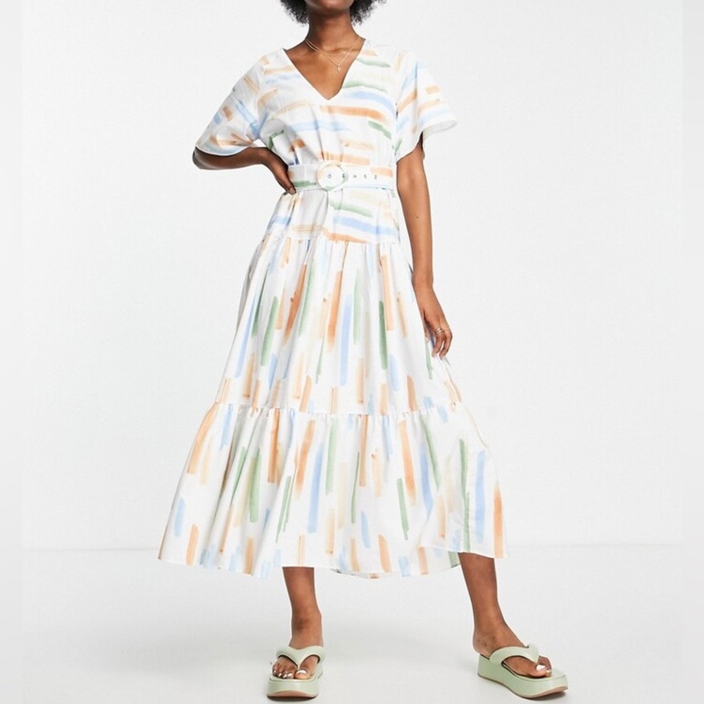 ASOS DESIGN tiered belted midi dress in cotton poplin in abstract print